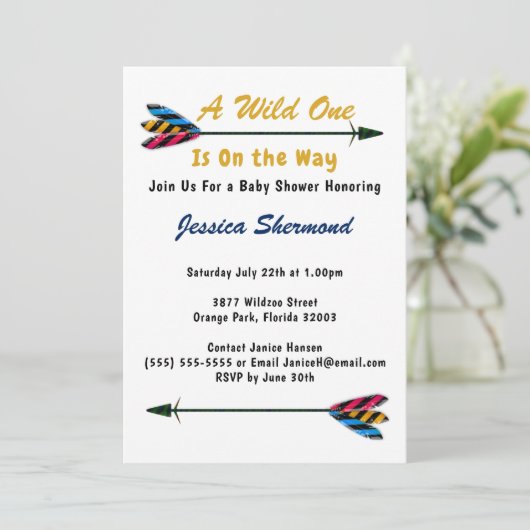 金ゴールドフェイクは野生の一部族の矢の赤ちゃんシャワーカード 招待状 (スタンド正面)