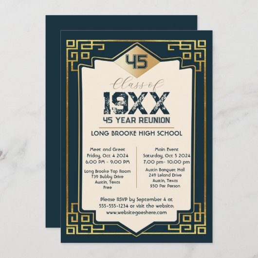 金ゴールドフェイクアールデコ45年高等学校懇親会 招待状 (正面/裏面)