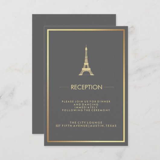 金ゴールドフェイクエッフェルタワーグレイウェディングレセプション 招待状 (正面/裏面)