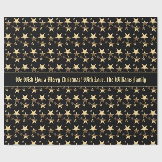 金ゴールドフェイククリスマススターズのパターン追加文字ブラック ラッピングペーパー (フラット)