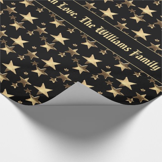 金ゴールドフェイククリスマススターズのパターン追加文字ブラック ラッピングペーパー (角)