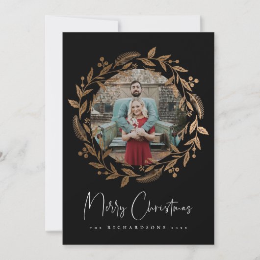 金ゴールドフェイククリスマスリースホリデーフォトカード シーズンカード (正面)