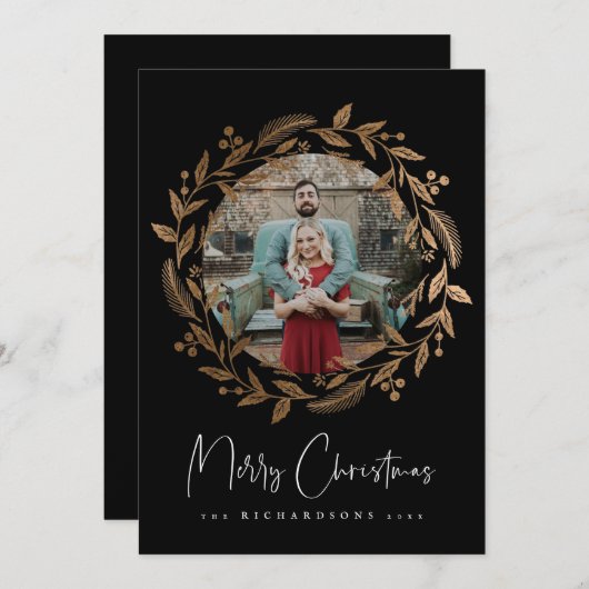 金ゴールドフェイククリスマスリースホリデーフォトカード シーズンカード (正面/裏面)