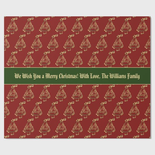 金ゴールドフェイククリスマスレッドツリーパターン追加文字 ラッピングペーパー (フラット)