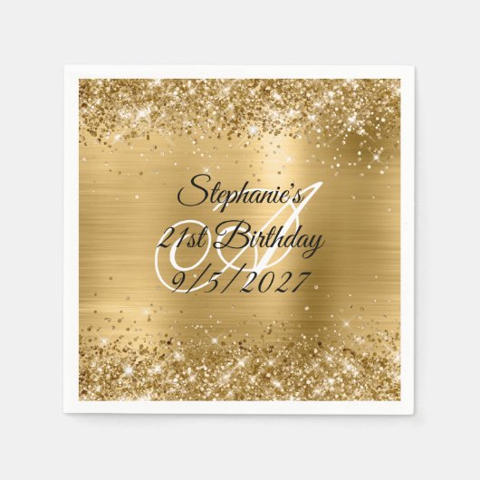 金ゴールドフェイクグリッターとフォイル21歳の誕生日 スタンダードカクテルナプキン (正面)