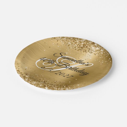 金ゴールドフェイクグリッターとフォイル40歳の誕生日 ペーパープレート (アングル)