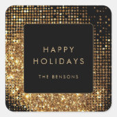 金ゴールドフェイクグリッターとブラックハッピーホリデイズ スクエアシール (正面)