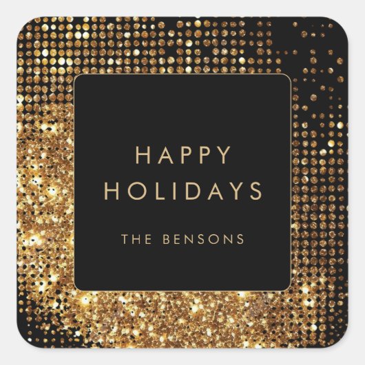 金ゴールドフェイクグリッターとブラックハッピーホリデイズ スクエアシール (正面)