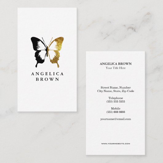金ゴールドフェイクグリッターとブラックバタフライ 名刺 (正面/裏面)