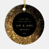 金ゴールドフェイクグリッターとブラック新婚クリスマスフォト セラミックオーナメント (正面)