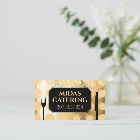金ゴールドフェイクグリッターの個人シェフケータリング料理 名刺 (スタンド正面)