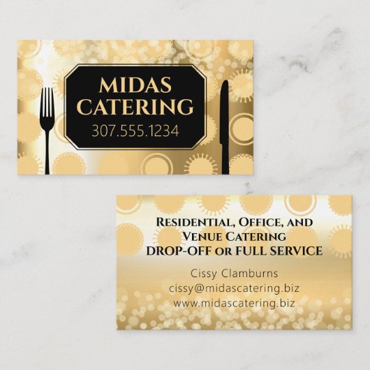 金ゴールドフェイクグリッターの個人シェフケータリング料理 名刺 (正面/裏面)
