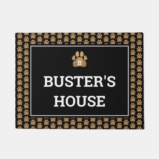 金ゴールドフェイクグリッターのPaw印刷Dog Name ドアマット (正面)