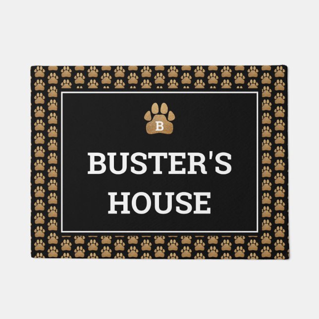 金ゴールドフェイクグリッターのPaw印刷Dog Name ドアマット (正面)