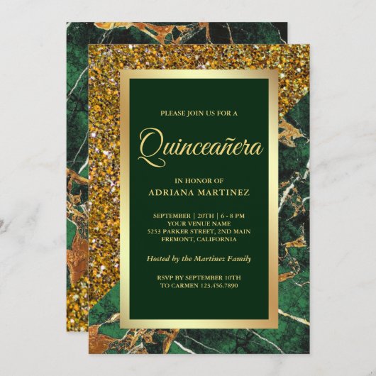金ゴールドフェイクグリッターエメラルドグリーンマーブルキンセアニェラ 招待状 (正面/裏面)