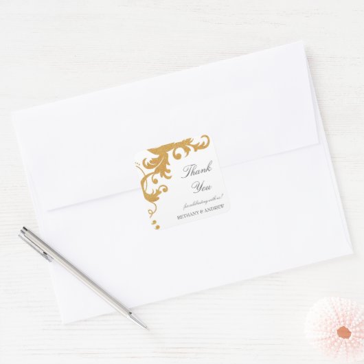 金ゴールドフェイクグリッターエレガントダマスクありがとうステッカー スクエアシール (封筒)