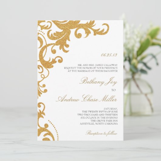 金ゴールドフェイクグリッターエレガントダマスクウェディング招待状 招待状 (スタンド正面)
