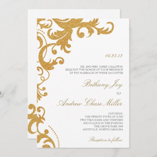 金ゴールドフェイクグリッターエレガントダマスクウェディング招待状 招待状 (正面/裏面)