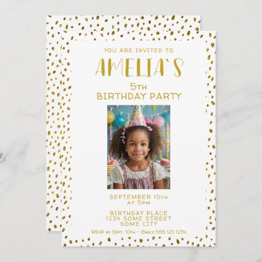 金ゴールドフェイクグリッターキッズガールフォト誕生日 招待状 (正面/裏面)