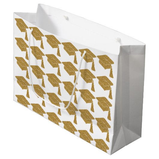金ゴールドフェイクグリッターグラッドキャップ卒業 ラージペーパーバッグ (正面アングル)