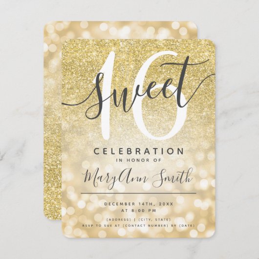 金ゴールドフェイクグリッターグラムライトスイート16th 招待状 (正面/裏面)