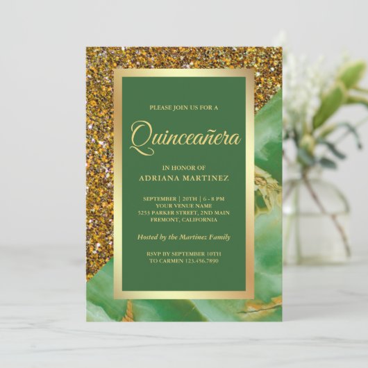 金ゴールドフェイクグリッターグリーンマーブルキンセアニェラ 招待状 (スタンド正面)