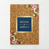 金ゴールドフェイクグリッタースパークルフローラネイビーブルー結婚ズ 三つ折り招待状 (カバー)
