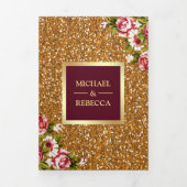 金ゴールドフェイクグリッタースパークル·バーガンディ·結婚フローラズ 三つ折り招待状 (カバー)