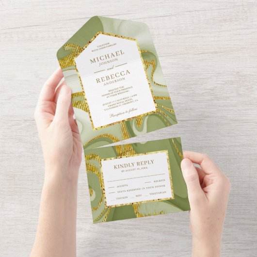 金ゴールドフェイクグリッターセージグリーンマーブル結婚ズ オールインワン招待状 (貼ってはがせる)