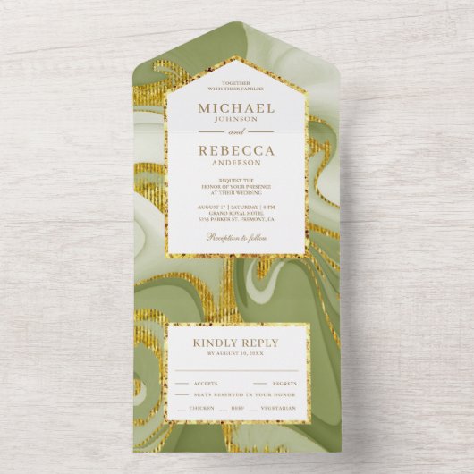 金ゴールドフェイクグリッターセージグリーンマーブル結婚ズ オールインワン招待状 (内側)