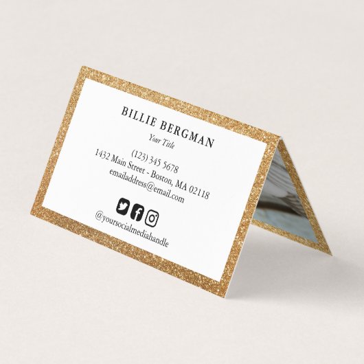 金ゴールドフェイクグリッターソーシャルメディアのロゴと写真 名刺 (裏面)