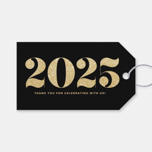 金ゴールドフェイクグリッタータイポグラフィハッピーニューイヤーブラック ギフトタグ (正面(横))