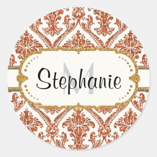金ゴールドフェイクグリッターダマスク花文様文具 ラウンドシール (正面)