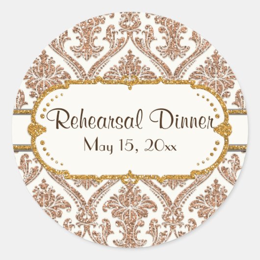 金ゴールドフェイクグリッターダマスク花文様文具 ラウンドシール (正面)