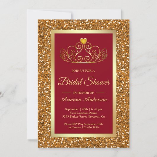金ゴールドフェイクグリッターティアラプリンセスレッドブライダルシャワー 招待状 (正面)
