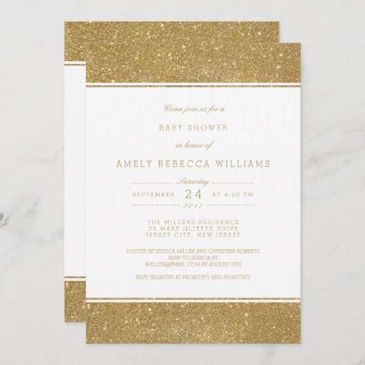 金ゴールドフェイクグリッターニュートラルベビーシャワー招待状 招待状 (正面/裏面)