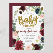 金ゴールドフェイクグリッターバーガンディフローラベビーシャワー 招待状 (正面/裏面)