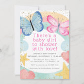 金ゴールドフェイクグリッターピンクバタフライガールベビーシャワー 招待状 (正面)