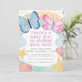 金ゴールドフェイクグリッターピンクバタフライガールベビーシャワー 招待状 (スタンド正面)