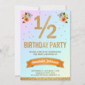 金ゴールドフェイクグリッターフローラ半誕生日パーティー 招待状 (正面)