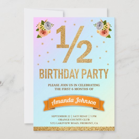 金ゴールドフェイクグリッターフローラ半誕生日パーティー 招待状 (正面)