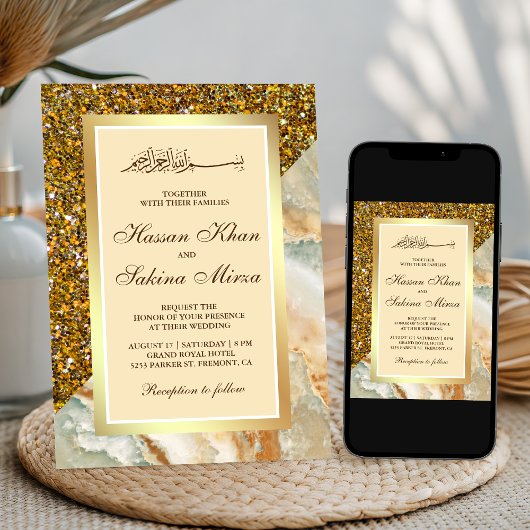 金ゴールドフェイクグリッターブラウンマーブルムスリム結婚ズ 招待状