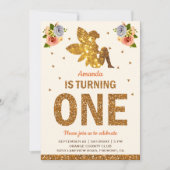 金ゴールドフェイクグリッターマジカルフェアリー1st誕生日パーティー 招待状 (正面)