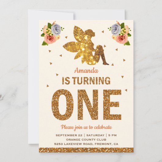 金ゴールドフェイクグリッターマジカルフェアリー1st誕生日パーティー 招待状 (正面)