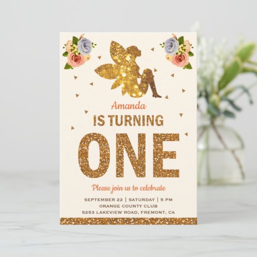 金ゴールドフェイクグリッターマジカルフェアリー1st誕生日パーティー 招待状 (スタンド正面)