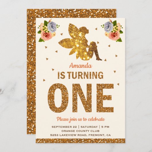 金ゴールドフェイクグリッターマジカルフェアリー1st誕生日パーティー 招待状 (正面/裏面)