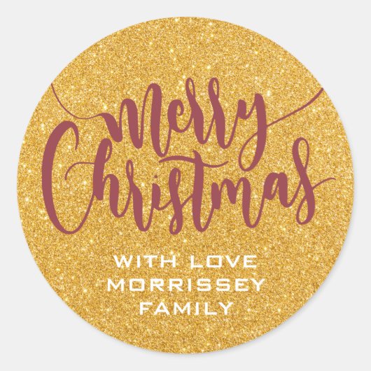 金ゴールドフェイクグリッターメリークリスマスパーソナライズされた ラウンドシール (正面)