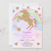 金ゴールドフェイクグリッターユニコーンガール誕生日 招待状 (正面)