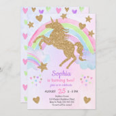 金ゴールドフェイクグリッターユニコーンガール誕生日 招待状 (正面/裏面)