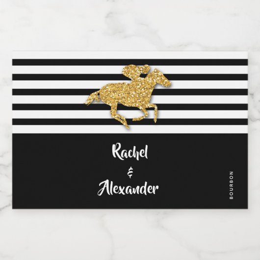 金ゴールドフェイクグリッターレースホースオンブラックストライプミニ リキュールボトルラベル (シングルラベル)